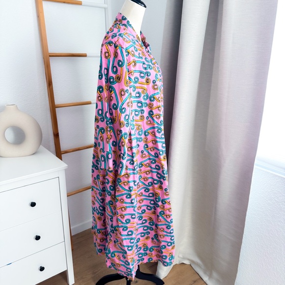 Zuri Fiddlesticks 3/4 Sleeve Kenya Dress Cotton Trapeze Pink Blue 2X Long - Picture 5 of 11